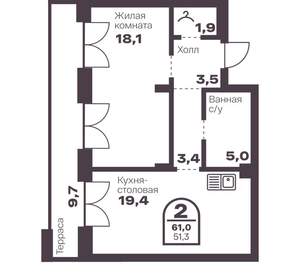 1-к квартира, вторичка, 51м2, 8/8 этаж
