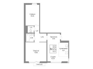 3-к квартира, строящийся дом, 62м2, 9/10 этаж