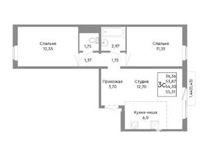 3-к квартира, строящийся дом, 54м2, 5/10 этаж