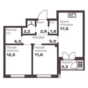 2-к квартира, вторичка, 58м2, 6/9 этаж