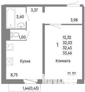 1-к квартира, вторичка, 32м2, 4/10 этаж