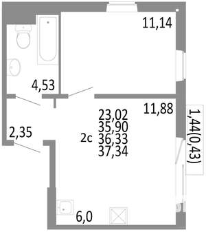 2-к квартира, строящийся дом, 36м2, 7/10 этаж