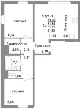 2-к квартира, строящийся дом, 51м2, 1/10 этаж