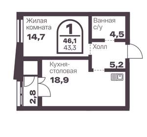 1-к квартира, вторичка, 43м2, 7/8 этаж