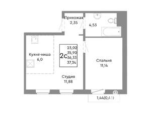 2-к квартира, строящийся дом, 36м2, 10/10 этаж