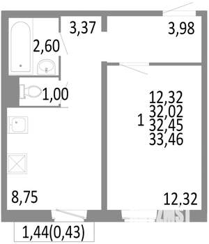 1-к квартира, строящийся дом, 32м2, 10/10 этаж