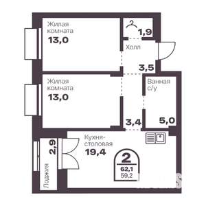 2-к квартира, вторичка, 59м2, 1/24 этаж
