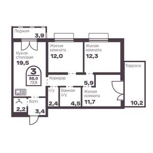 3-к квартира, вторичка, 74м2, 2/24 этаж