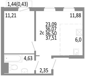 2-к квартира, строящийся дом, 37м2, 10/10 этаж
