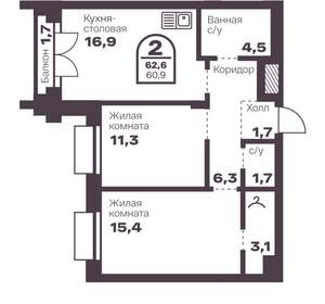 2-к квартира, вторичка, 61м2, 3/8 этаж