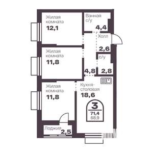 3-к квартира, вторичка, 69м2, 2/24 этаж