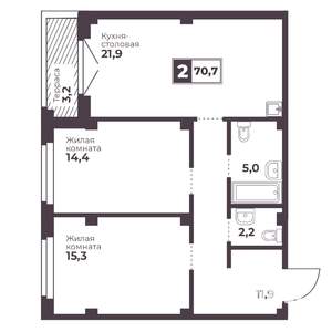 2-к квартира, строящийся дом, 71м2, 9/18 этаж