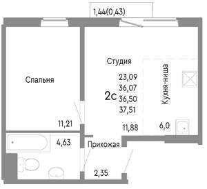 2-к квартира, строящийся дом, 37м2, 9/10 этаж