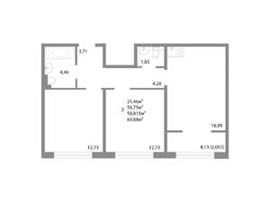 2-к квартира, строящийся дом, 59м2, 15/17 этаж