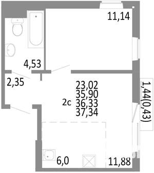 2-к квартира, строящийся дом, 36м2, 3/10 этаж