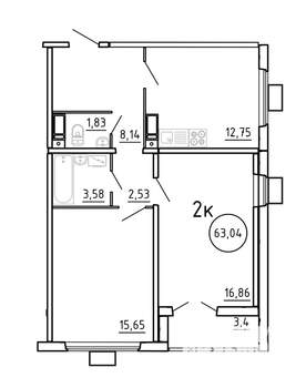 2-к квартира, вторичка, 63м2, 4/16 этаж