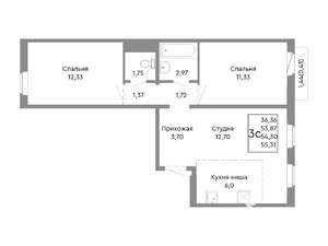 3-к квартира, строящийся дом, 54м2, 8/10 этаж