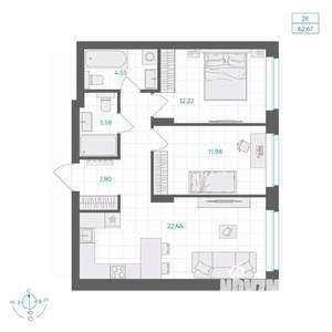2-к квартира, вторичка, 63м2, 19/30 этаж