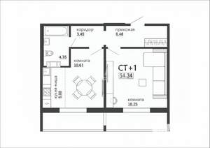 1-к квартира, вторичка, 54м2, 2/10 этаж
