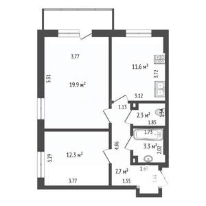 2-к квартира, вторичка, 57м2, 3/25 этаж