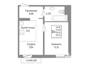 2-к квартира, строящийся дом, 32м2, 10/10 этаж