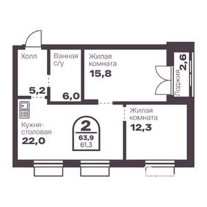 2-к квартира, вторичка, 61м2, 2/24 этаж