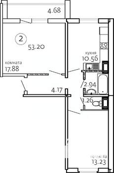 2-к квартира, строящийся дом, 53м2, 7/10 этаж