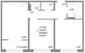 2-к квартира, строящийся дом, 61м2, 14/17 этаж