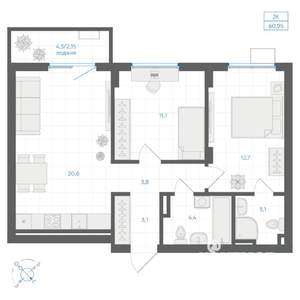 2-к квартира, вторичка, 61м2, 5/10 этаж