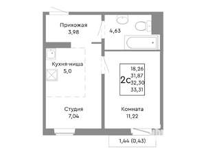 2-к квартира, строящийся дом, 32м2, 7/10 этаж