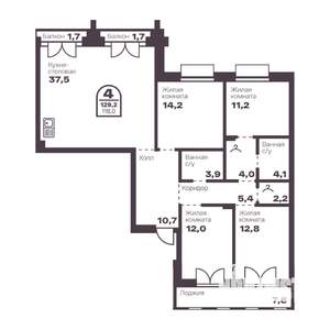 4-к квартира, вторичка, 118м2, 5/24 этаж