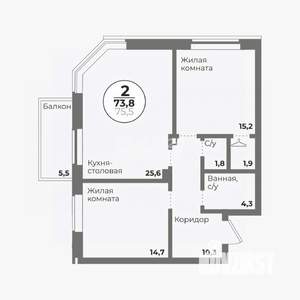 2-к квартира, вторичка, 74м2, 6/24 этаж