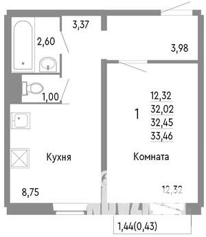 1-к квартира, строящийся дом, 32м2, 7/10 этаж