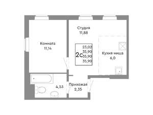 2-к квартира, строящийся дом, 36м2, 2/10 этаж