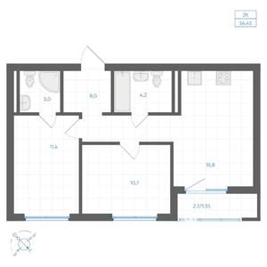 2-к квартира, вторичка, 54м2, 3/11 этаж