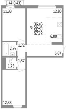 3-к квартира, строящийся дом, 57м2, 5/10 этаж