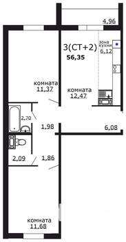 3-к квартира, вторичка, 56м2, 12/18 этаж