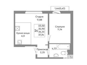 2-к квартира, строящийся дом, 36м2, 7/10 этаж