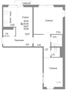 3-к квартира, строящийся дом, 64м2, 8/10 этаж