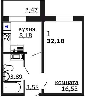 1-к квартира, вторичка, 32м2, 1/18 этаж