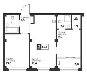 2-к квартира, вторичка, 58м2, 5/17 этаж