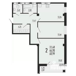 2-к квартира, вторичка, 69м2, 14/16 этаж