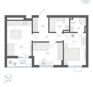 2-к квартира, вторичка, 51м2, 2/18 этаж