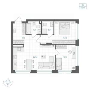 2-к квартира, вторичка, 68м2, 17/30 этаж