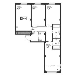 3-к квартира, строящийся дом, 95м2, 8/18 этаж