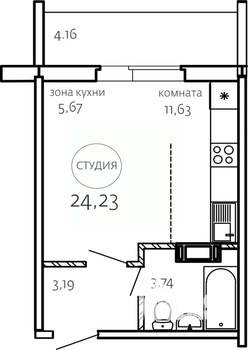 Студия квартира, строящийся дом, 24м2, 1/10 этаж