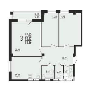 3-к квартира, вторичка, 82м2, 2/16 этаж