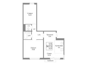 3-к квартира, строящийся дом, 62м2, 6/10 этаж