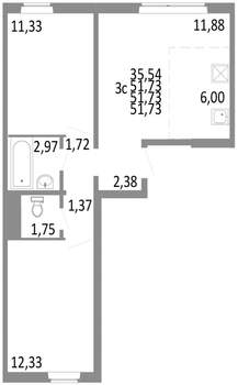 3-к квартира, строящийся дом, 52м2, 1/10 этаж