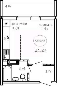 Студия квартира, строящийся дом, 24м2, 10/10 этаж